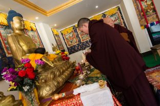 Thaye Dorje, His Holiness the 17th Gyalwa Karmapa, presides over a fire puja at His Eminence Beru Khyentse Rinpoche's guest house, India, December 2019. Photo / Norbu Zangpo