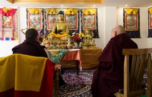 Thaye Dorje, His Holiness the 17th Gyalwa Karmapa, presides over a fire puja at His Eminence Beru Khyentse Rinpoche's guest house, India, December 2019. Photo / Norbu Zangpo