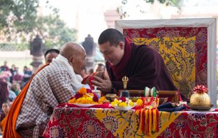 Thaye Dorje, His Holiness the 17th Gyalwa Karmapa, presides over aspiration prayers on the final day of the 2019 Kagyu Monlam, Bodh Gaya, India. Photo / Norbu Zangpo