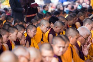 Thaye Dorje, His Holiness the 17th Gyalwa Karmapa, presides over aspiration prayers on the final day of the 2019 Kagyu Monlam, Bodh Gaya, India. Photo / Norbu Zangpo