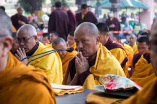 Thaye Dorje, His Holiness the 17th Gyalwa Karmapa, presides over aspiration prayers on the final day of the 2019 Kagyu Monlam, Bodh Gaya, India. Photo / Norbu Zangpo