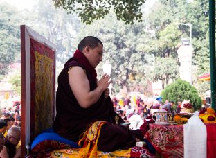 Thaye Dorje, His Holiness the 17th Gyalwa Karmapa, presides over aspiration prayers on the final day of the 2019 Kagyu Monlam, Bodh Gaya, India. Photo / Norbu Zangpo