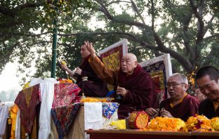 Thaye Dorje, His Holiness the 17th Gyalwa Karmapa, presides over aspiration prayers on the final day of the 2019 Kagyu Monlam, Bodh Gaya, India. Photo / Norbu Zangpo