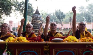 Thaye Dorje, His Holiness the 17th Gyalwa Karmapa, presides over aspiration prayers on the final day of the 2019 Kagyu Monlam, Bodh Gaya, India. Photo / Norbu Zangpo