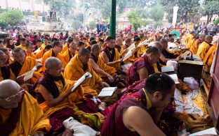 Thaye Dorje, His Holiness the 17th Gyalwa Karmapa, presides over aspiration prayers on the final day of the 2019 Kagyu Monlam, Bodh Gaya, India. Photo / Norbu Zangpo