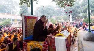 Thaye Dorje, His Holiness the 17th Gyalwa Karmapa, presides over aspiration prayers on the final day of the 2019 Kagyu Monlam, Bodh Gaya, India. Photo / Norbu Zangpo