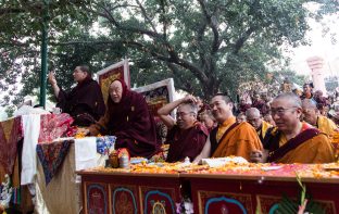 Thaye Dorje, His Holiness the 17th Gyalwa Karmapa, presides over aspiration prayers on the final day of the 2019 Kagyu Monlam, Bodh Gaya, India. Photo / Norbu Zangpo