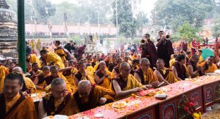 Thaye Dorje, His Holiness the 17th Gyalwa Karmapa, presides over aspiration prayers on the final day of the 2019 Kagyu Monlam, Bodh Gaya, India. Photo / Norbu Zangpo