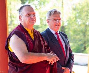 Thaye Dorje, His Holiness the 17th Gyalwa Karmapa, Sangyumla and Thugseyla at Dhagpo Kundreul Ling in Le Bost, France