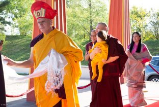 Thaye Dorje, His Holiness the 17th Gyalwa Karmapa, Sangyumla and Thugseyla at Dhagpo Kundreul Ling in Le Bost, France