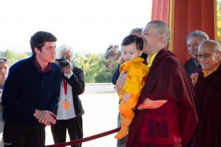 Thaye Dorje, His Holiness the 17th Gyalwa Karmapa, Sangyumla and Thugseyla at Dhagpo Kundreul Ling in Le Bost, France