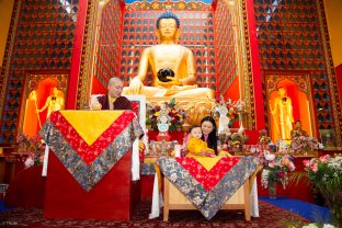 Thaye Dorje, His Holiness the 17th Gyalwa Karmapa, Sangyumla and Thugseyla at Dhagpo Kundreul Ling in Le Bost, France