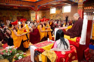 Thaye Dorje, His Holiness the 17th Gyalwa Karmapa, Sangyumla and Thugseyla at Dhagpo Kundreul Ling in Le Bost, France