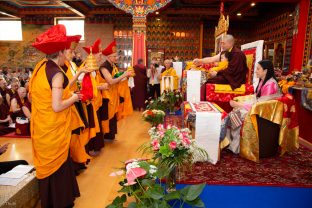 Thaye Dorje, His Holiness the 17th Gyalwa Karmapa, Sangyumla and Thugseyla at Dhagpo Kundreul Ling in Le Bost, France