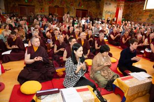 Thaye Dorje, His Holiness the 17th Gyalwa Karmapa, Sangyumla and Thugseyla at Dhagpo Kundreul Ling in Le Bost, France