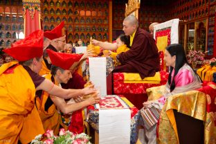 Thaye Dorje, His Holiness the 17th Gyalwa Karmapa, Sangyumla and Thugseyla at Dhagpo Kundreul Ling in Le Bost, France