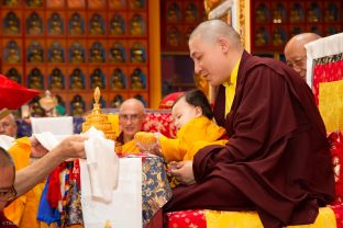 Thaye Dorje, His Holiness the 17th Gyalwa Karmapa, Sangyumla and Thugseyla at Dhagpo Kundreul Ling in Le Bost, France