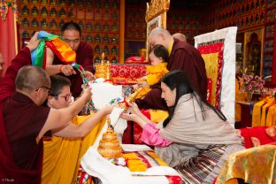 Thaye Dorje, His Holiness the 17th Gyalwa Karmapa, Sangyumla and Thugseyla at Dhagpo Kundreul Ling in Le Bost, France