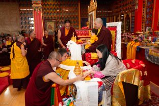 Thaye Dorje, His Holiness the 17th Gyalwa Karmapa, Sangyumla and Thugseyla at Dhagpo Kundreul Ling in Le Bost, France