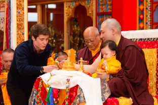 Thaye Dorje, His Holiness the 17th Gyalwa Karmapa, Sangyumla and Thugseyla at Dhagpo Kundreul Ling in Le Bost, France