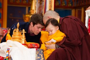 Thaye Dorje, His Holiness the 17th Gyalwa Karmapa, Sangyumla and Thugseyla at Dhagpo Kundreul Ling in Le Bost, France