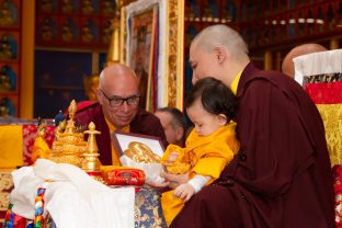 Thaye Dorje, His Holiness the 17th Gyalwa Karmapa, Sangyumla and Thugseyla at Dhagpo Kundreul Ling in Le Bost, France