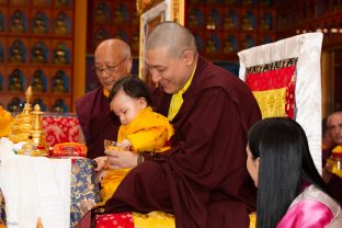 Thaye Dorje, His Holiness the 17th Gyalwa Karmapa, Sangyumla and Thugseyla at Dhagpo Kundreul Ling in Le Bost, France