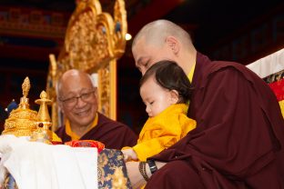 Thaye Dorje, His Holiness the 17th Gyalwa Karmapa, Sangyumla and Thugseyla at Dhagpo Kundreul Ling in Le Bost, France