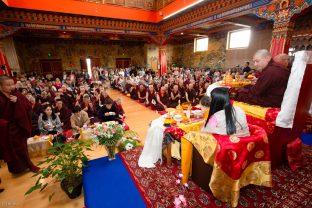 Thaye Dorje, His Holiness the 17th Gyalwa Karmapa, Sangyumla and Thugseyla at Dhagpo Kundreul Ling in Le Bost, France