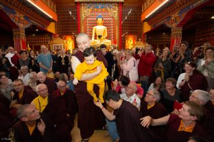 Thaye Dorje, His Holiness the 17th Gyalwa Karmapa, Sangyumla and Thugseyla at Dhagpo Kundreul Ling in Le Bost, France