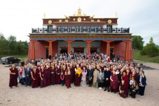 Thaye Dorje, His Holiness the 17th Gyalwa Karmapa, Sangyumla and Thugseyla at Dhagpo Kundreul Ling in Le Bost, France