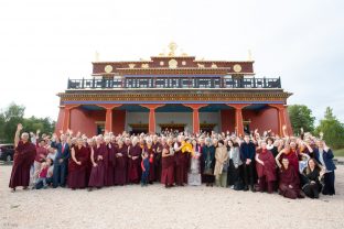 Thaye Dorje, His Holiness the 17th Gyalwa Karmapa, Sangyumla and Thugseyla at Dhagpo Kundreul Ling in Le Bost, France