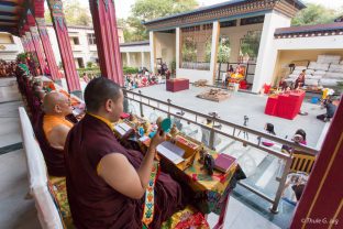 Thaye Dorje, His Holiness the 17th Gyalwa Karmapa, leads the Chakrasamvara fire puja, with other Karma Kagyu lamas