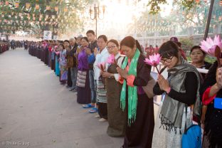 Awaiting the arrival of Thaye Dorje, His Holiness the 17th Gyalwa Karmapa, at the Kagyu Monlam in Bodh Gaya, December 2017