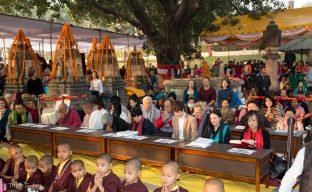 Buddhist monks, teaches and students at the Kagyu Monlam in Bodh Gaya 2017, led by Thaye Dorje, His Holiness the 17th Gyalwa Karmapa