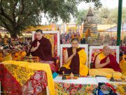 Thaye Dorje, His Holiness the 17th Gyalwa Karmapa, Jamgon Kongtrul Rinpoche, and Beru Khyentse Rinpoche at the Kagyu Monlam in Bodh Gaya, December 2017