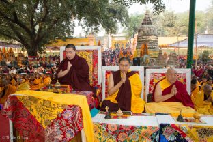 Thaye Dorje, His Holiness the 17th Gyalwa Karmapa, Jamgon Kongtrul Rinpoche, and Beru Khyentse Rinpoche at the Kagyu Monlam in Bodh Gaya, December 2017