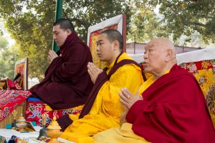 Thaye Dorje, His Holiness the 17th Gyalwa Karmapa, Jamgon Kongtrul Rinpoche, and Beru Khyentse Rinpoche at the Kagyu Monlam in Bodh Gaya, December 2017