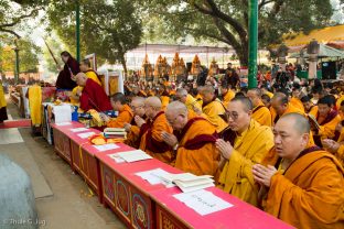 Thaye Dorje, His Holiness the 17th Gyalwa Karmapa, Jamgon Kongtrul Rinpoche, and Beru Khyentse Rinpoche at the Kagyu Monlam in Bodh Gaya, December 2017