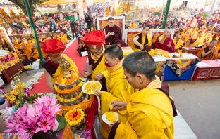 Thaye Dorje, His Holiness the 17th Gyalwa Karmapa, Jamgon Kongtrul Rinpoche, and Beru Khyentse Rinpoche at the Kagyu Monlam in Bodh Gaya, December 2017