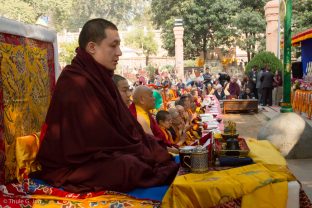 Thaye Dorje, His Holiness the 17th Gyalwa Karmapa, Jamgon Kongtrul Rinpoche, and Beru Khyentse Rinpoche at the Kagyu Monlam in Bodh Gaya, December 2017