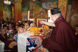 Thaye Dorje, His Holiness the 17th Gyalwa Karmapa, enthrones two tulkus (reincarnated masters) at the Kagyu Monlam in Bodh Gaya, December 2017