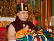 Thaye Dorje, His Holiness the 17th Gyalwa Karmapa, enthrones two tulkus (reincarnated masters) at the Kagyu Monlam in Bodh Gaya, December 2017