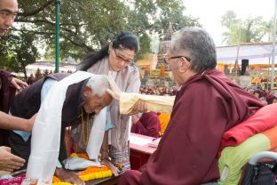 Devotees receive blessings from His Eminence Jamgon Mipham Rinpoche, Karmapa's father
