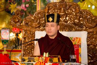 Thaye Dorje, His Holiness the 17th Gyalwa Karmapa, gives a Chenresig empowerment to around 6,000 participants at the Kagyu Monlam in Bodh Gaya, December 2017