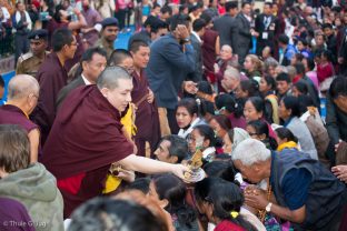 Thaye Dorje, His Holiness the 17th Gyalwa Karmapa, blesses 6,000 participants of the Chenresig empowerment at the Kagyu Monlam in Bodh Gaya, December 2017