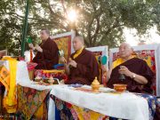 Thaye Dorje, His Holiness the 17th Gyalwa Karmapa, Jamgon Kongtrul Rinpoche, and Beru Khyentse Rinpoche at the Kagyu Monlam in Bodh Gaya, December 2017
