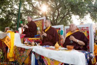 Thaye Dorje, His Holiness the 17th Gyalwa Karmapa, Jamgon Kongtrul Rinpoche, and Beru Khyentse Rinpoche at the Kagyu Monlam in Bodh Gaya, December 2017