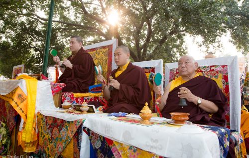 Thaye Dorje, His Holiness the 17th Gyalwa Karmapa, Jamgon Kongtrul Rinpoche, and Beru Khyentse Rinpoche at the Kagyu Monlam in Bodh Gaya, December 2017