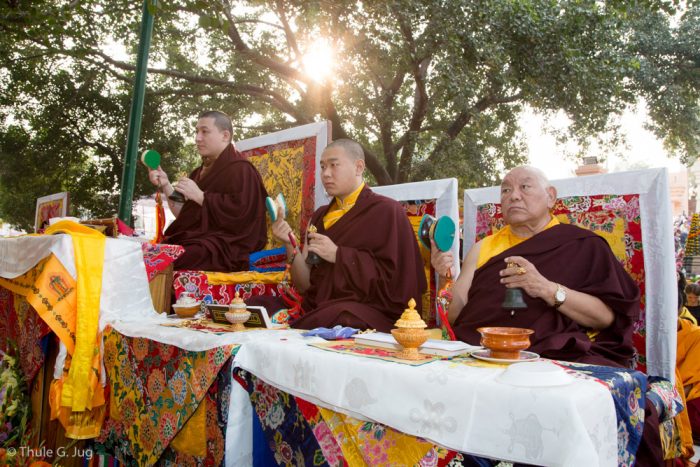 Left to right: Thaye Dorje, His Holiness the 17th Gyalwa Karmapa, His Eminence Jamgon Kongtrul Rinpoche, and His Eminence Beru Khyentse Rinpoche at the Kagyu Monlam in Bodh Gaya, December 2017